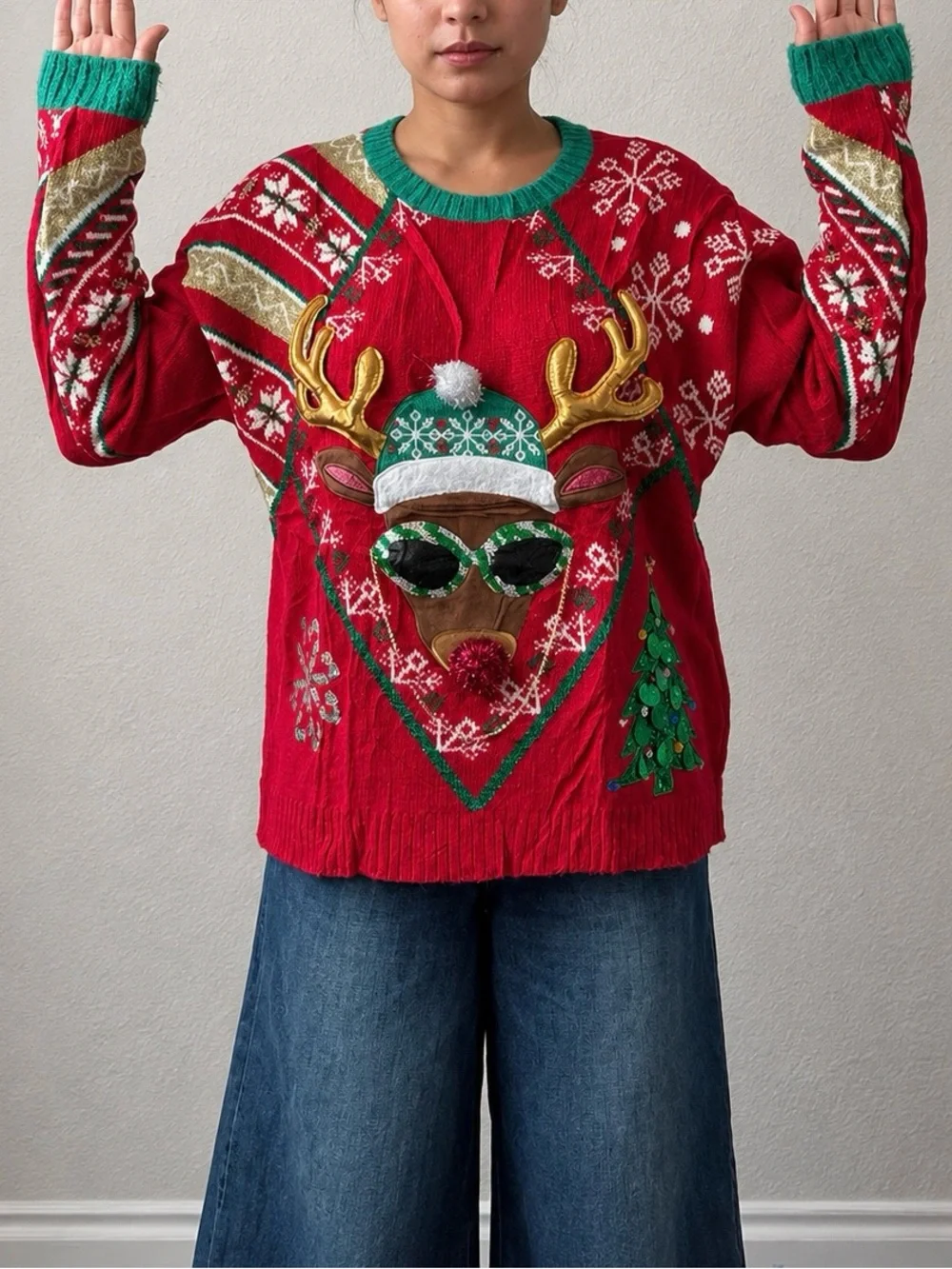 Festive Red Reindeer Holiday Sweater with Green Trim
